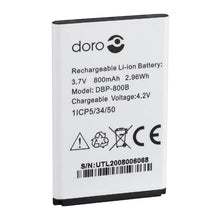 Doro Original batteri DBP-800B til Doro 1362/6521, Li-ion 3.7V 800mAh 2.96Wh, synlige specifikationer og certifikater.