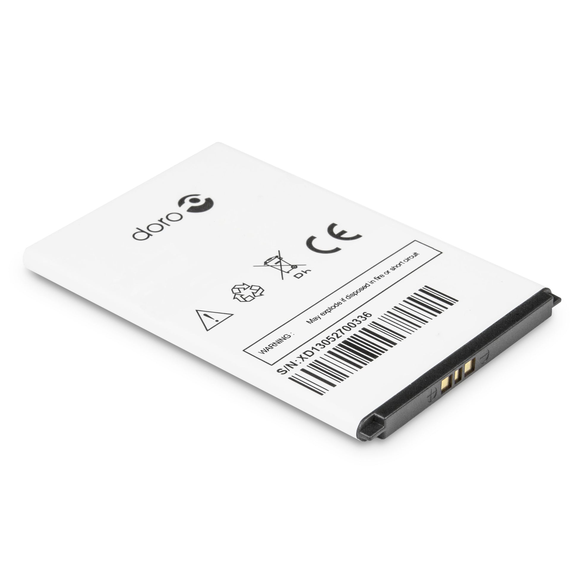 Doro Original batteri til Doro 1355/1378/138X, hvid med sorte kanter, guld-kontakter, teknisk info påtrykt.