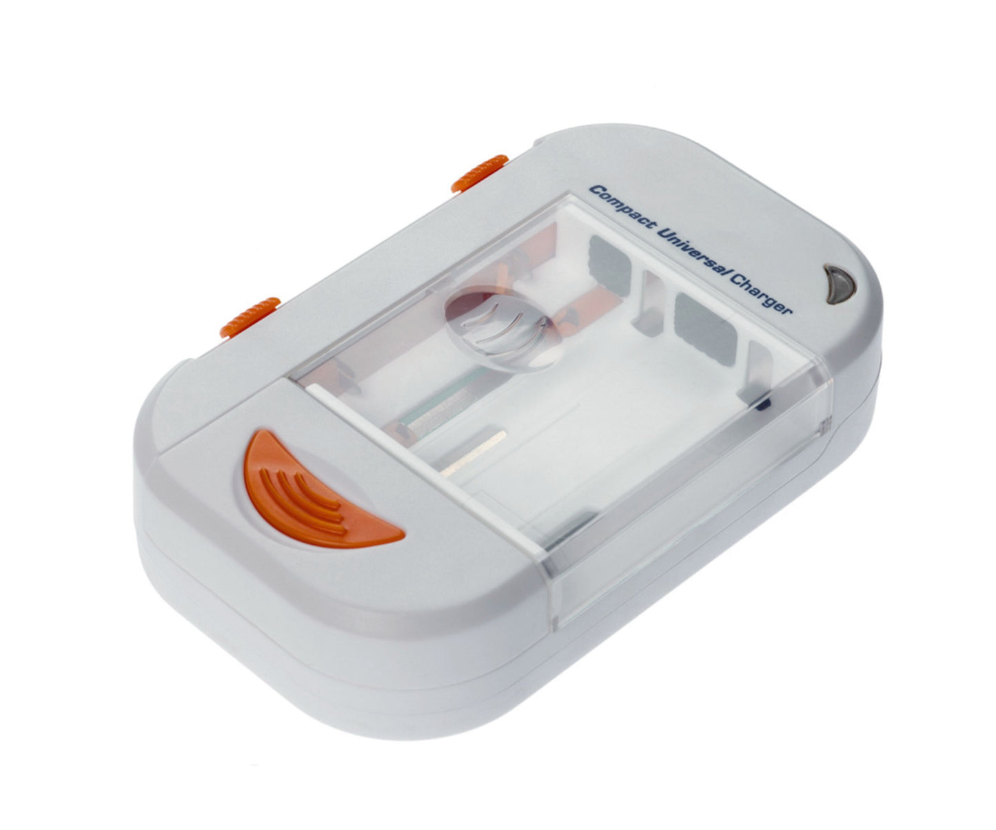 Universaloplader til kamera- og mobilbatteri, hvid med transparent låg og orange knapper, til AA/AAA-batterier.
