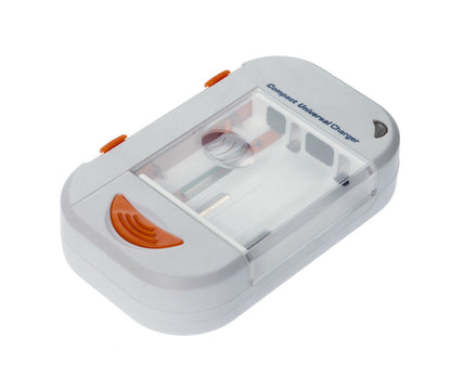 Universaloplader til kamera- og mobilbatteri, hvid med transparent låg og orange knapper, til AA/AAA-batterier.