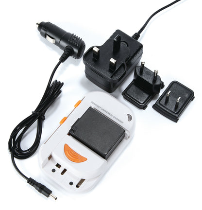 Universaloplader til kamera- og mobilbatteri, oplader AA/AAA, inkl. udskiftelige adaptere, bilkabel og strømforsyning.
