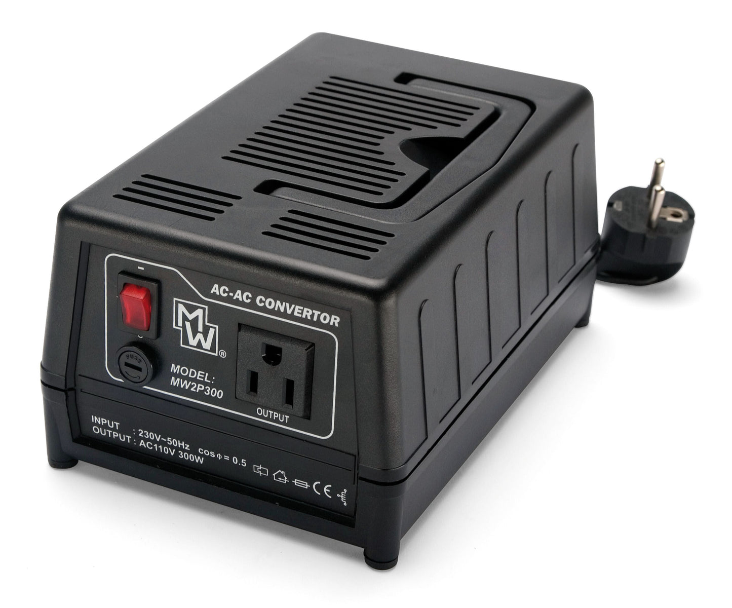 Nedis transformer 230-110V 300W sort, on/off-knap, stik, indikatorlys, EU-stik, model MW2P300 med specs på front.