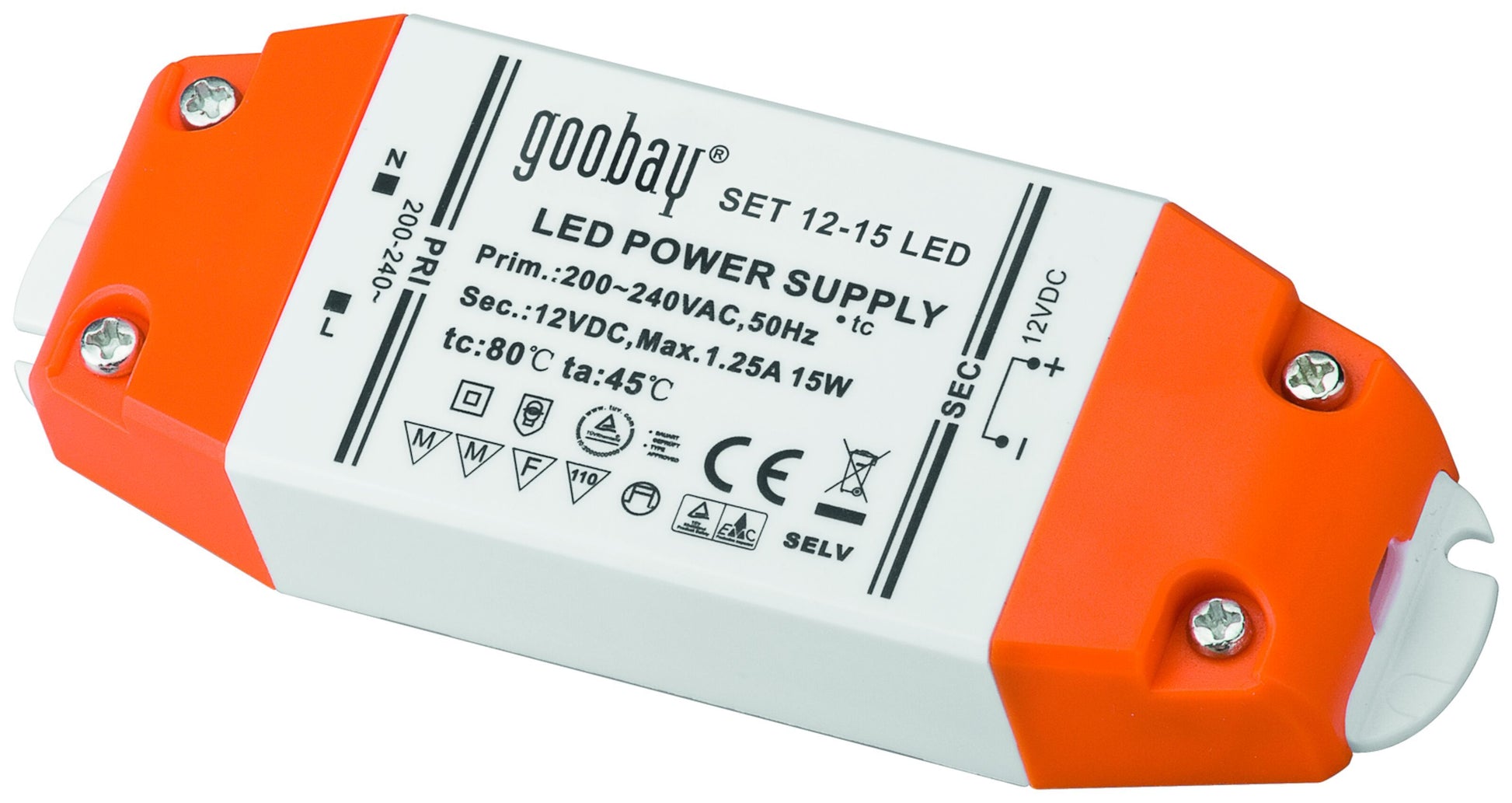 Goobay LED-transformator 15 W, rektangulær orange/hvid, 12VDC udgang til 12-15V LED, elektriske symboler på toppen.