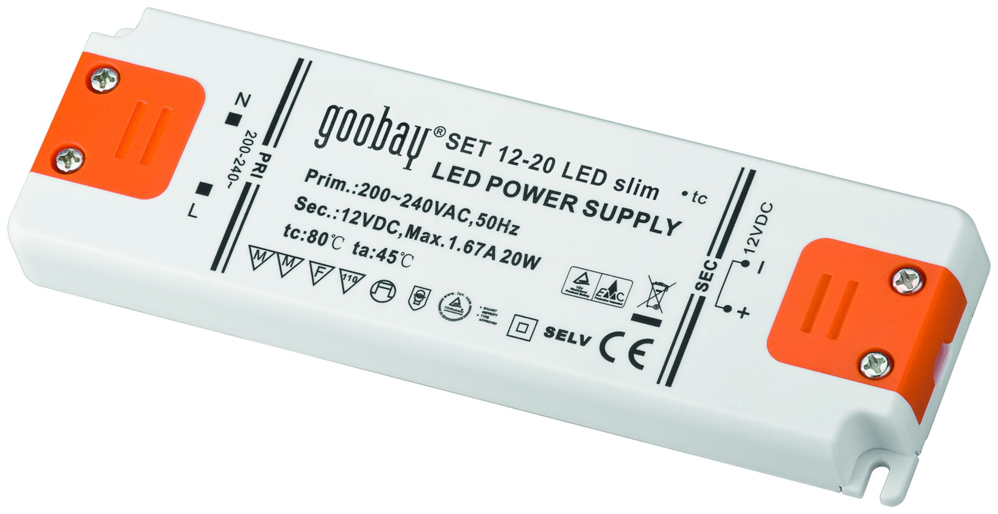 Goobay LED-transformator 20W med orange ender, indgang 200-240V AC, udgang 12V DC max 1,67A/20W.