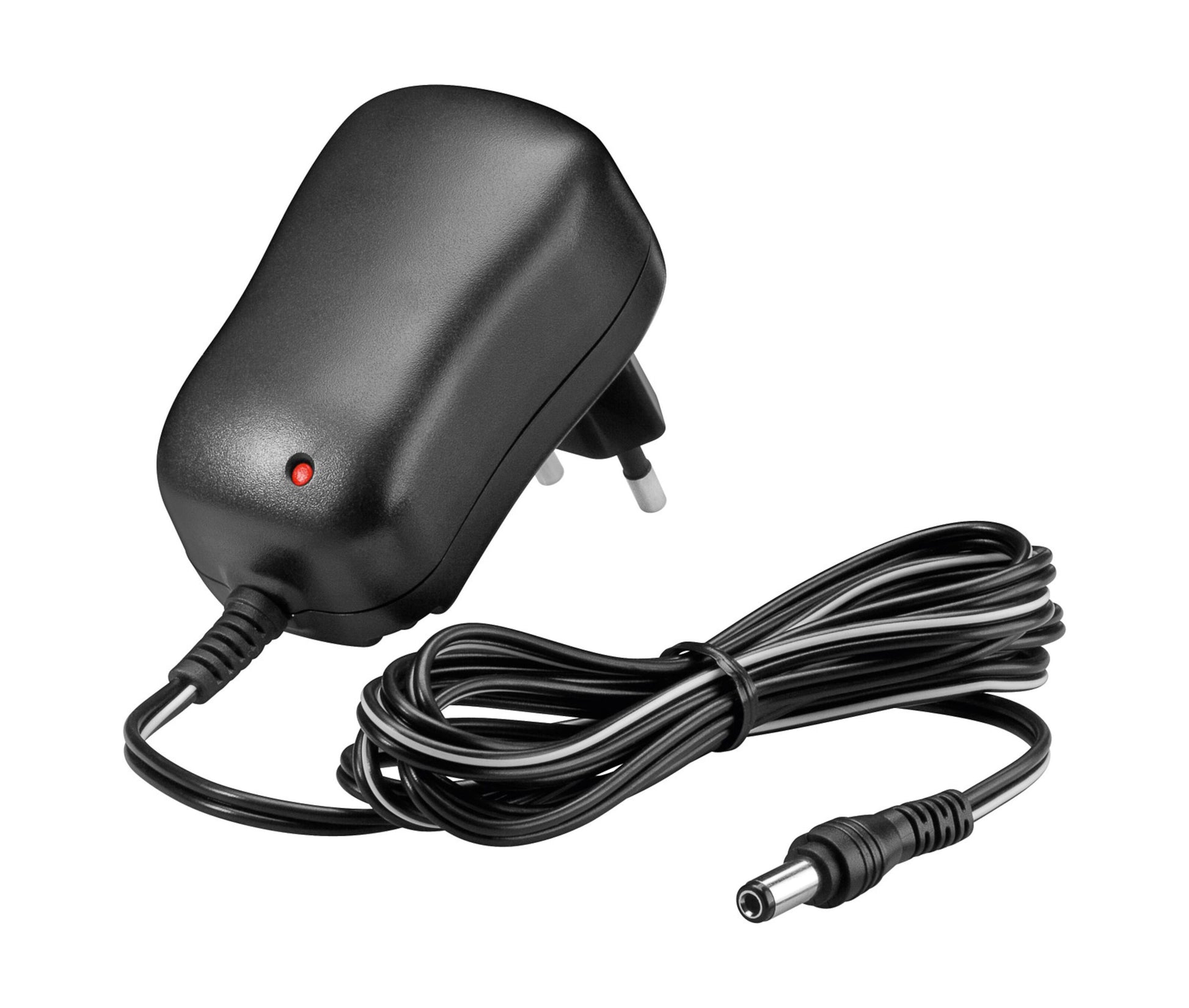 Luxorparts strømadapter 12V DC 12W sort, europæisk stik, rød indikator, fast kabel med DC-stik.