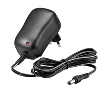 Luxorparts strømadapter 12V DC 12W sort, europæisk stik, rød indikator, fast kabel med DC-stik.