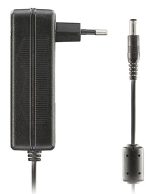 Skiftet netadapter 12V DC 36W sort med europæisk tobenet stik og fastmonteret kabel med cylindrisk DC-stik, side og stik close-up.