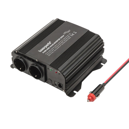 Luxorparts vekselretter 300W sort med 2 EU-stik, USB-porte, indikatorlys, køleribber og kabel til cigarettænder.