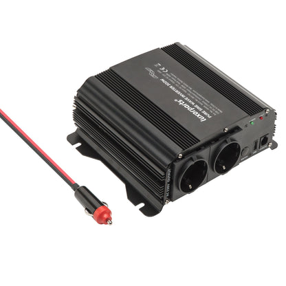Vekselretter ren sinus 300W med to EU-stik, ventilationsribber, indikatorlys og rød/sort kabel med 12V cigartænderstik.