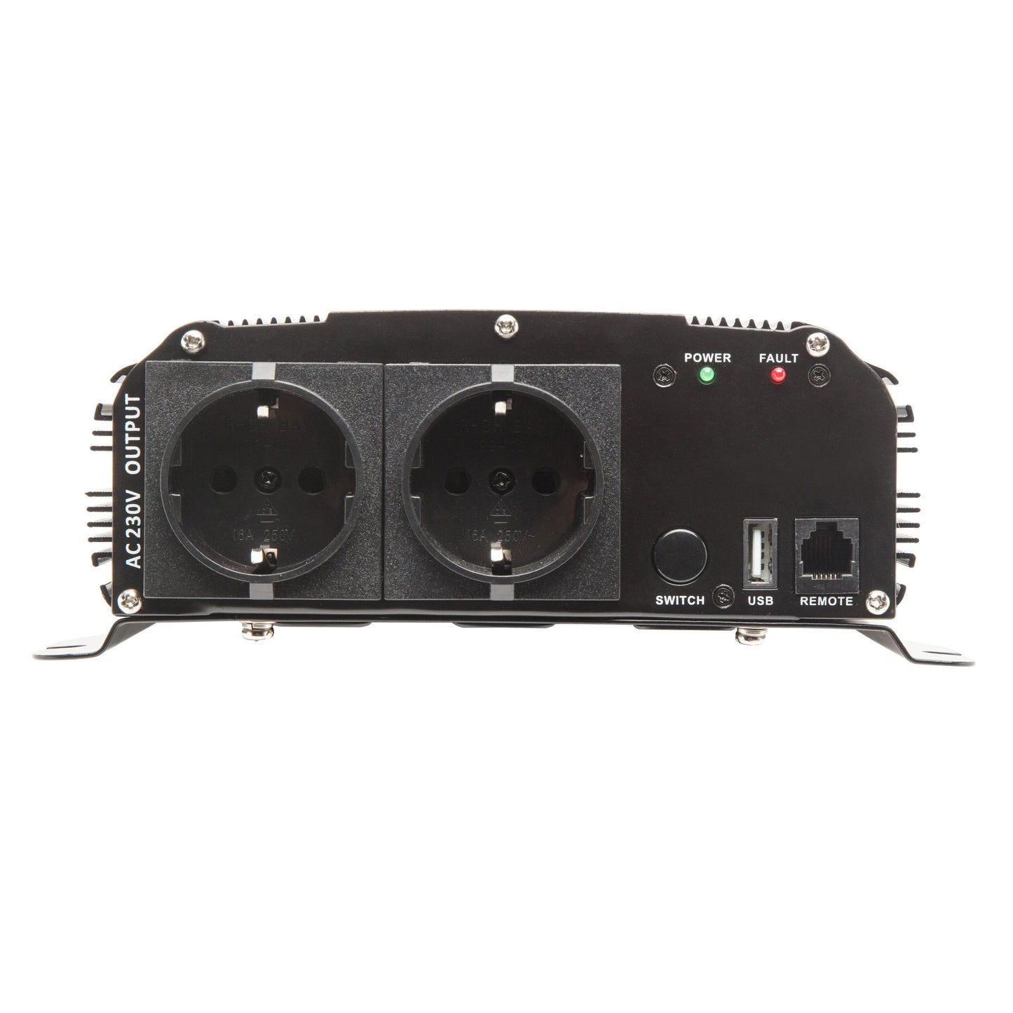 Luxorparts vekselretter 300 W 230 V, til AC-udgange, tænd/sluk-knap, USB-port, remote-port, Power/Fault-indikator.