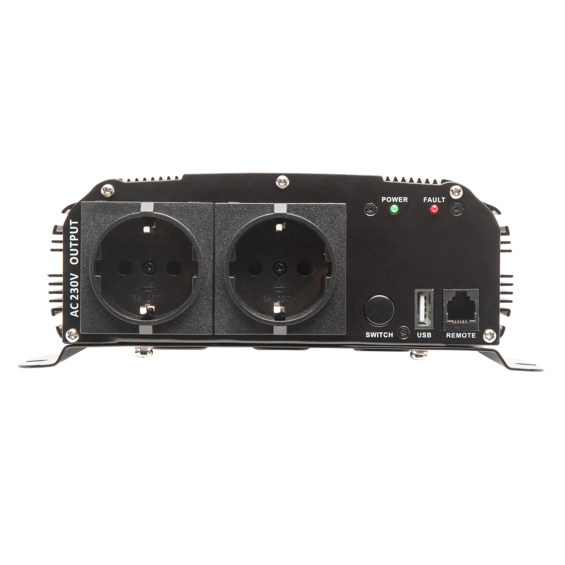Luxorparts vekselretter 300 W 230 V, til AC-udgange, tænd/sluk-knap, USB-port, remote-port, Power/Fault-indikator.
