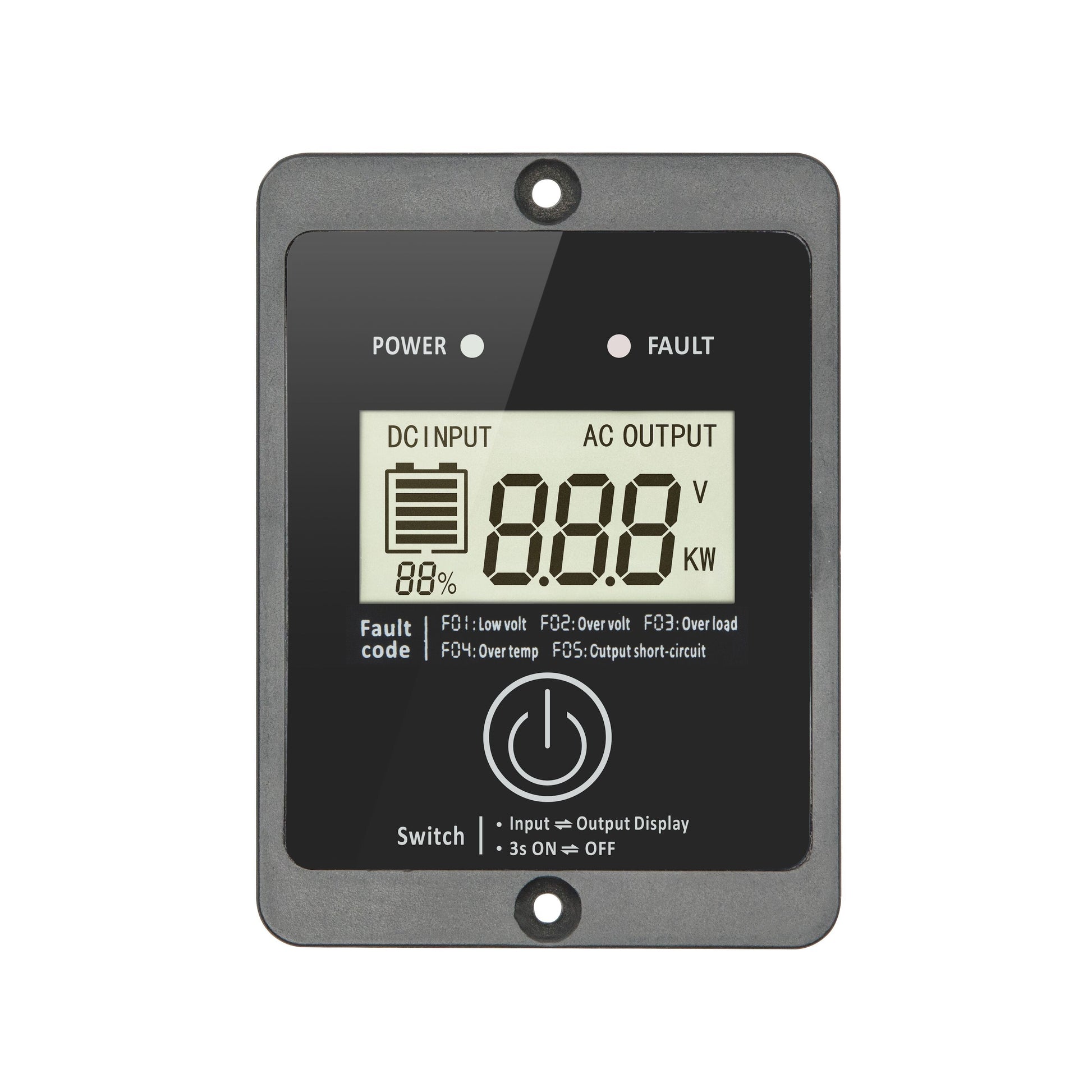 Luxorparts vekselretter ren sinus 300W med digitalt panel, DC/AC visning, batteri, volt, kW, fejl- og statuslys.