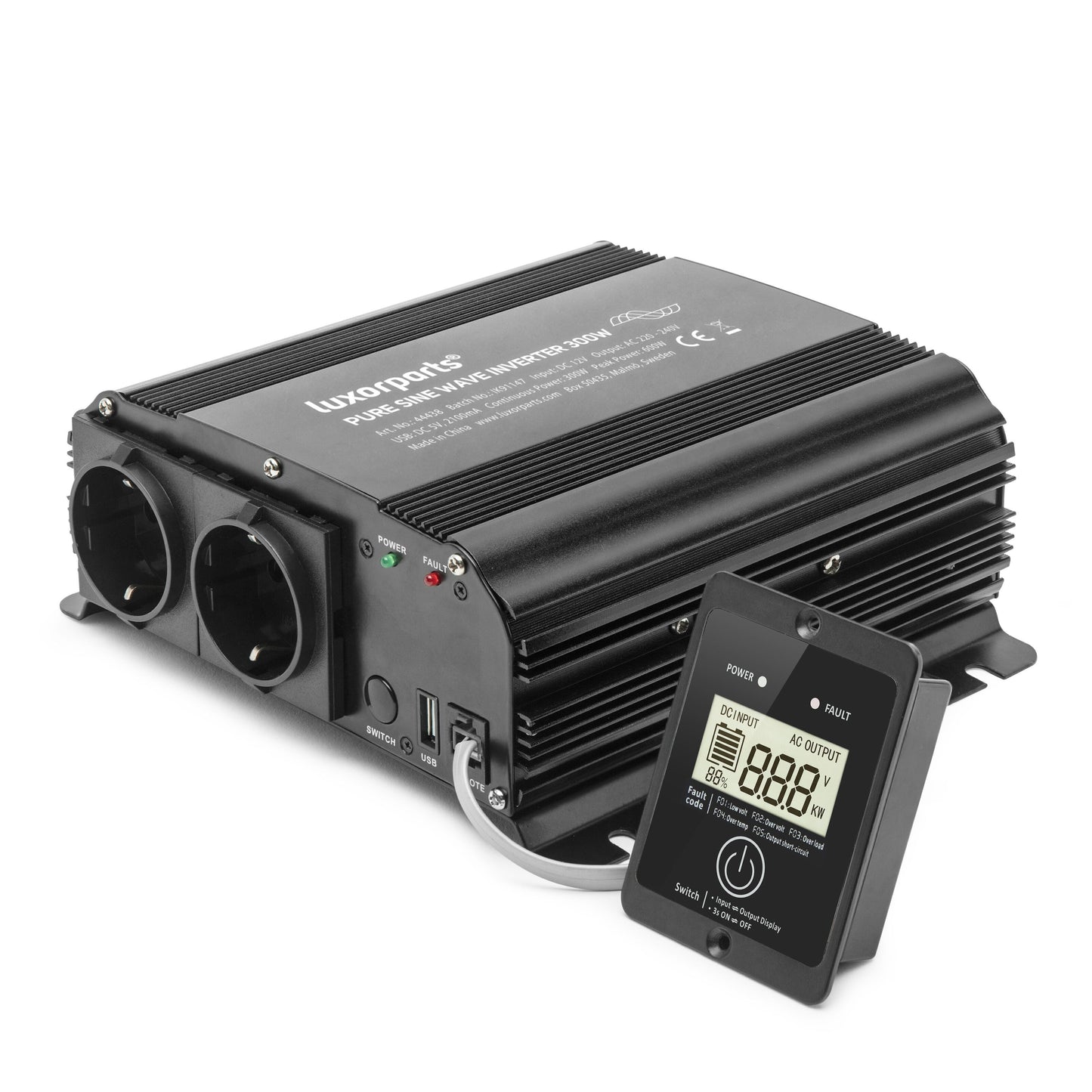 Vekselretter ren sinus 300 W sort til 230 V med 2 AC-udtag, USB-porte, indikatorer, køleprofiler, digitalt display.