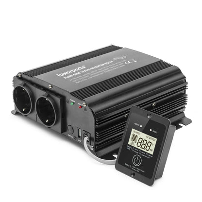 Vekselretter ren sinus 300 W sort til 230 V med 2 AC-udtag, USB-porte, indikatorer, køleprofiler, digitalt display.