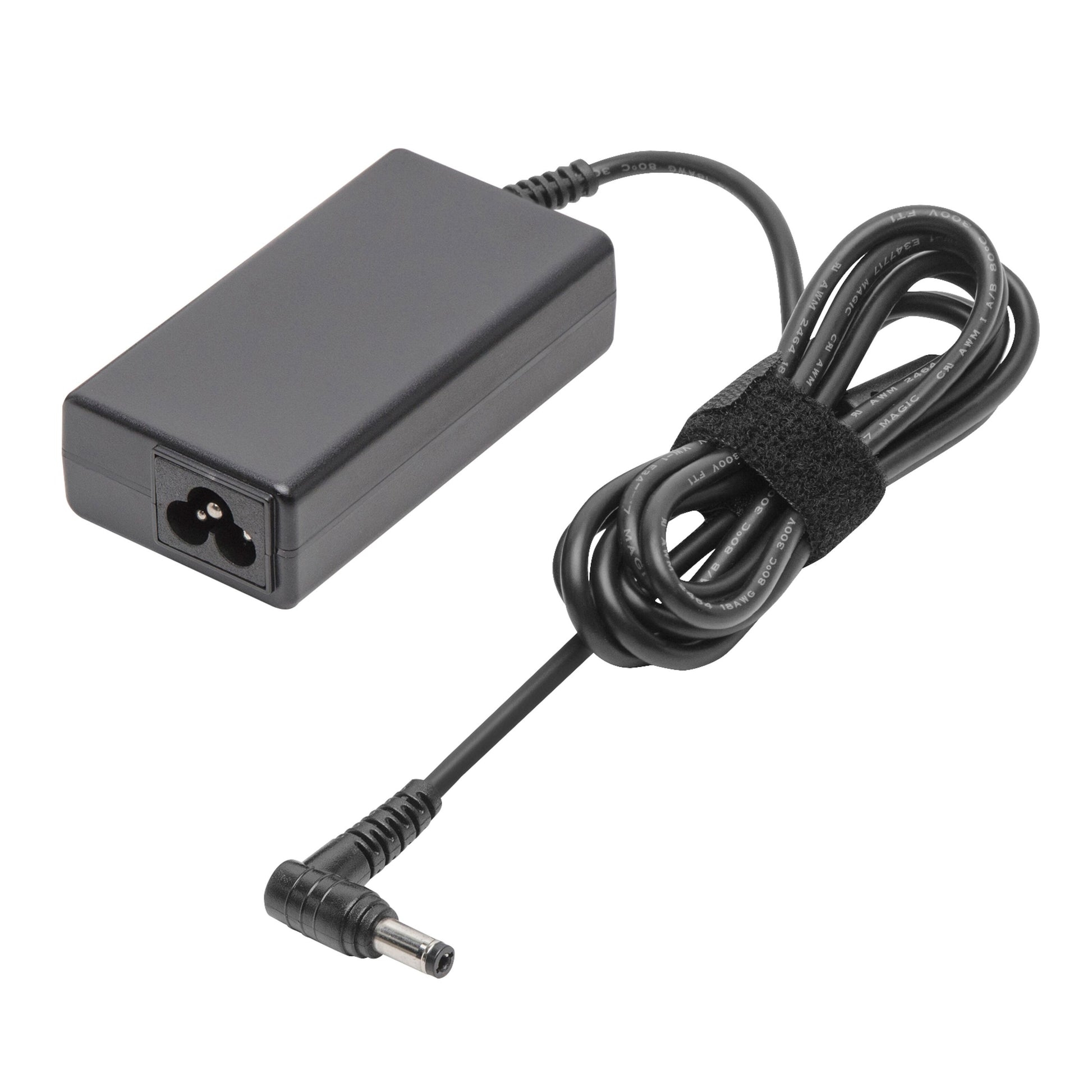 Computeroplader 19V 65W sort rektangulær med fastgjort ledning, vinkelret DC-stik (4,0x1,35 mm), Velcrobånd, strømstik.