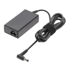 Computeroplader 19V 65W sort rektangulær med fastgjort ledning, vinkelret DC-stik (4,0x1,35 mm), Velcrobånd, strømstik.