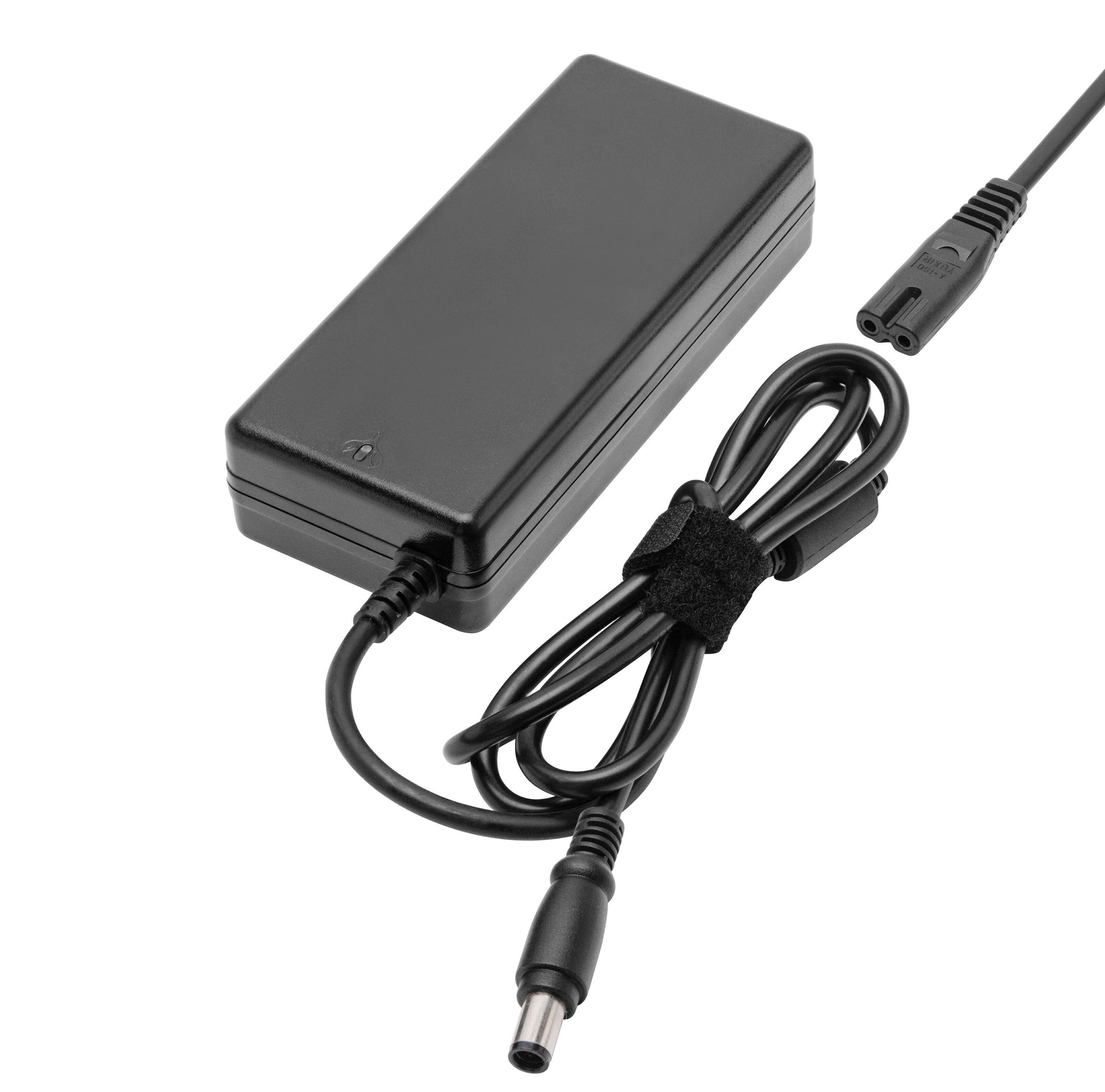 Computeroplader 19,5V 90W sort rektangulær adapter med fastgjort kabel, 7,4x5,0 mm DC-stik og to-benet netstik.
