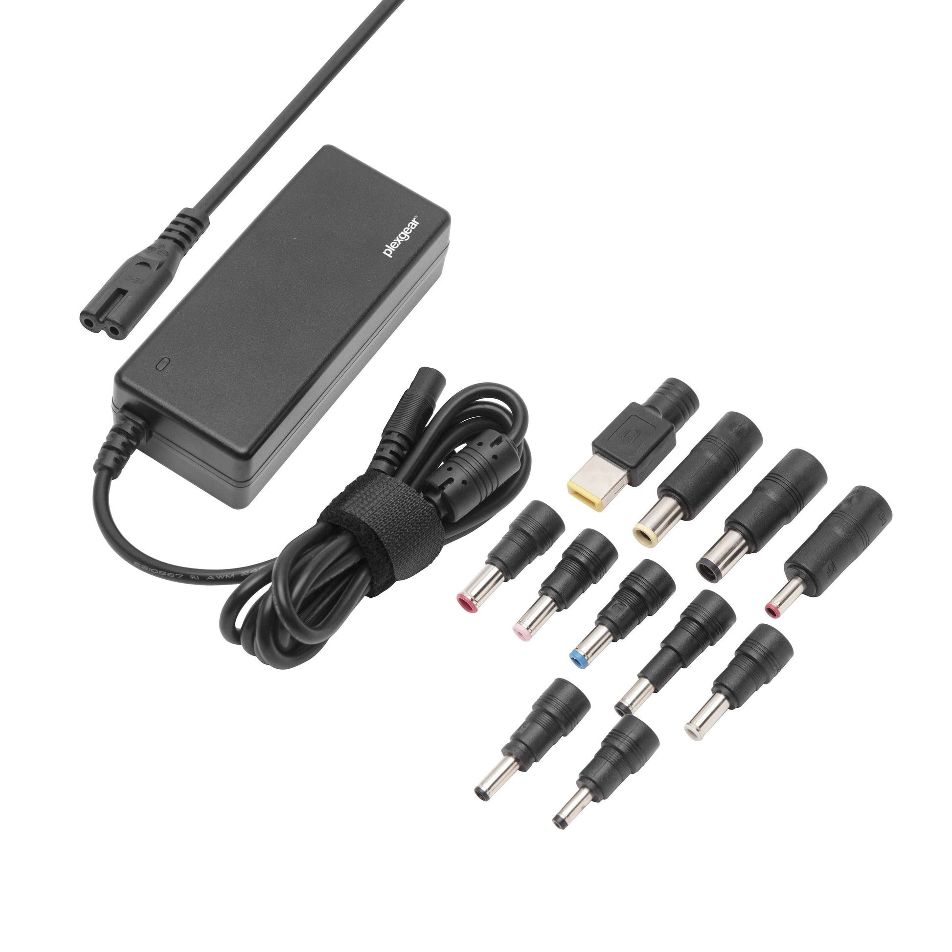 Sort universel laptop oplader 65 W med spiralledning og 11 farvede udskiftelige stik.