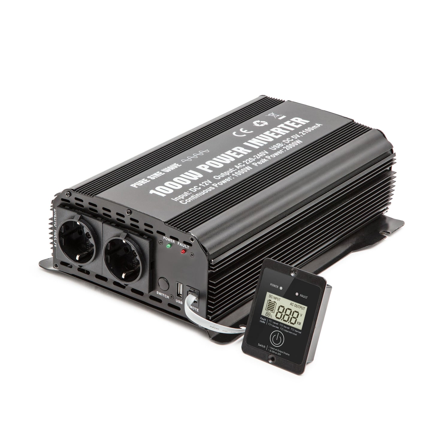 Luxorparts vekselretter 1000 W ren sinus, to EU-stik, indikatorlys, USB-port og digitalt display med kabel.