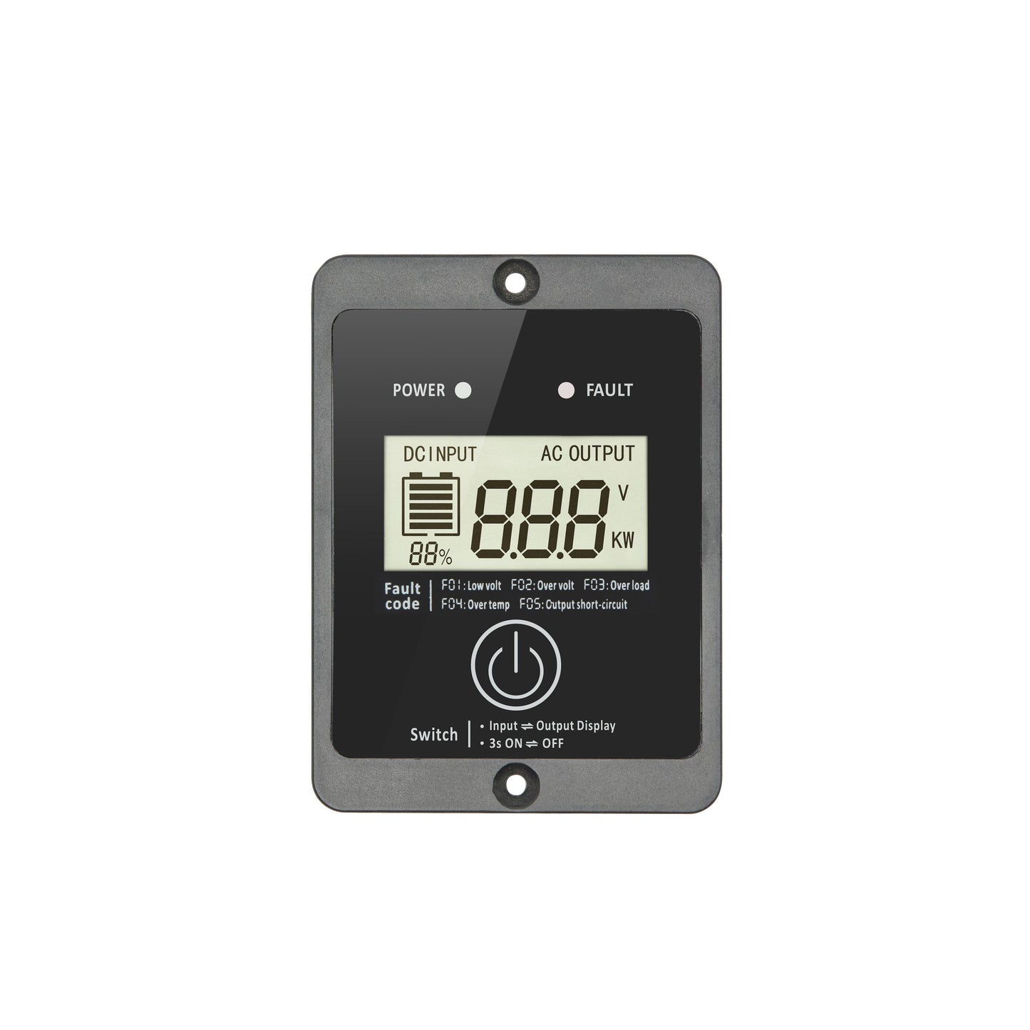 Vekselretter 1000 W ren sinus, digitalt panel med volt/watt/fejlindikatorer, 12 V til 220 V, fejl-ikoner, monteringshuller.
