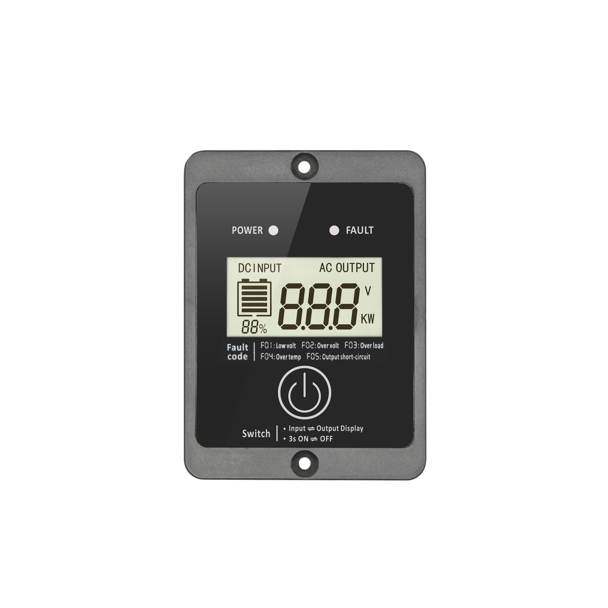 Vekselretter 1000 W ren sinus, digitalt panel med volt/watt/fejlindikatorer, 12 V til 220 V, fejl-ikoner, monteringshuller.