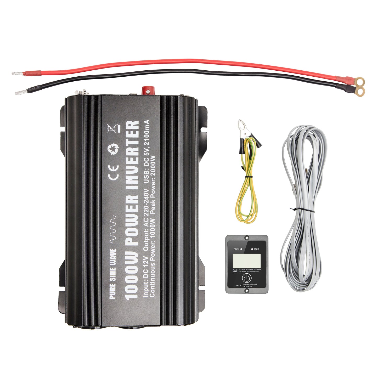 Luxorparts vekselretter 1000 W ren sinus, sort, inkl. rød/sort strømkabel, gul/sort krokodillenæbskabel, fjernbetjening.
