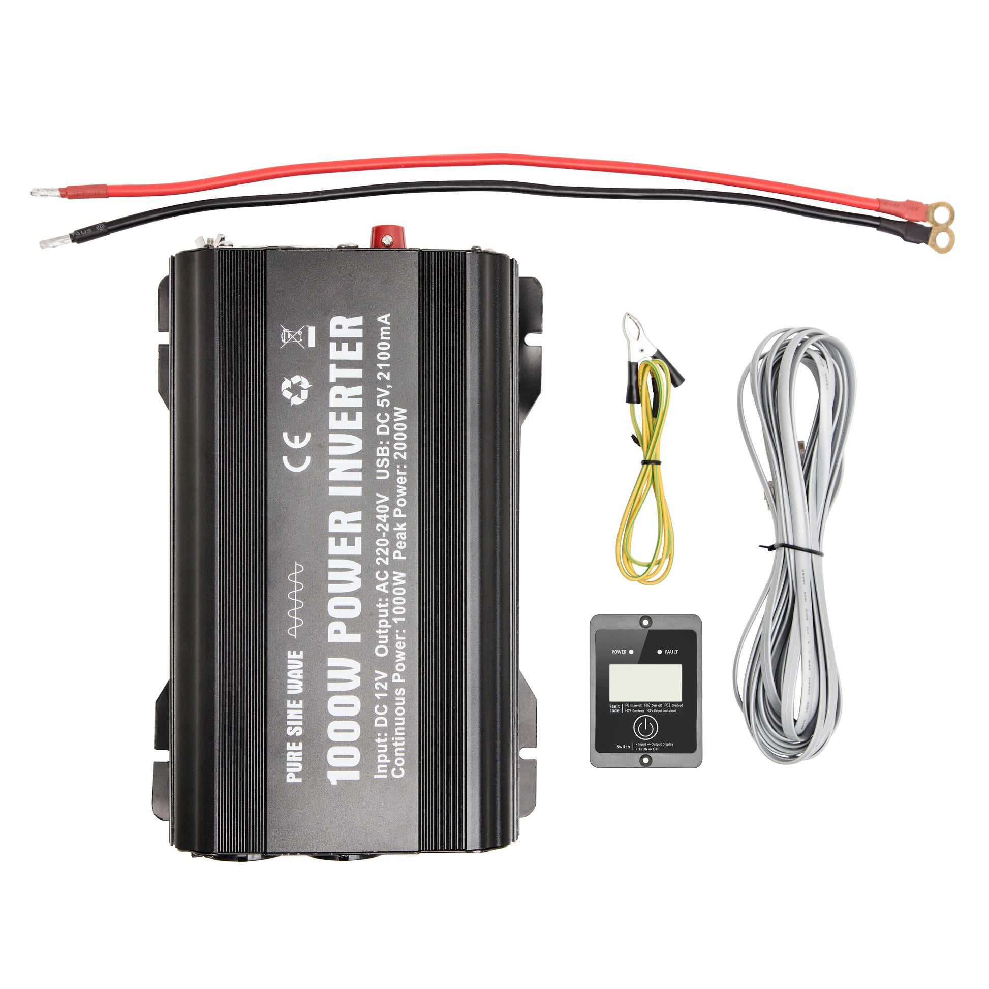 Luxorparts vekselretter 1000 W ren sinus, sort, inkl. rød/sort strømkabel, gul/sort krokodillenæbskabel, fjernbetjening.