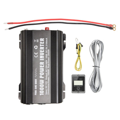 Luxorparts vekselretter 1000 W ren sinus, sort, inkl. rød/sort strømkabel, gul/sort krokodillenæbskabel, fjernbetjening.