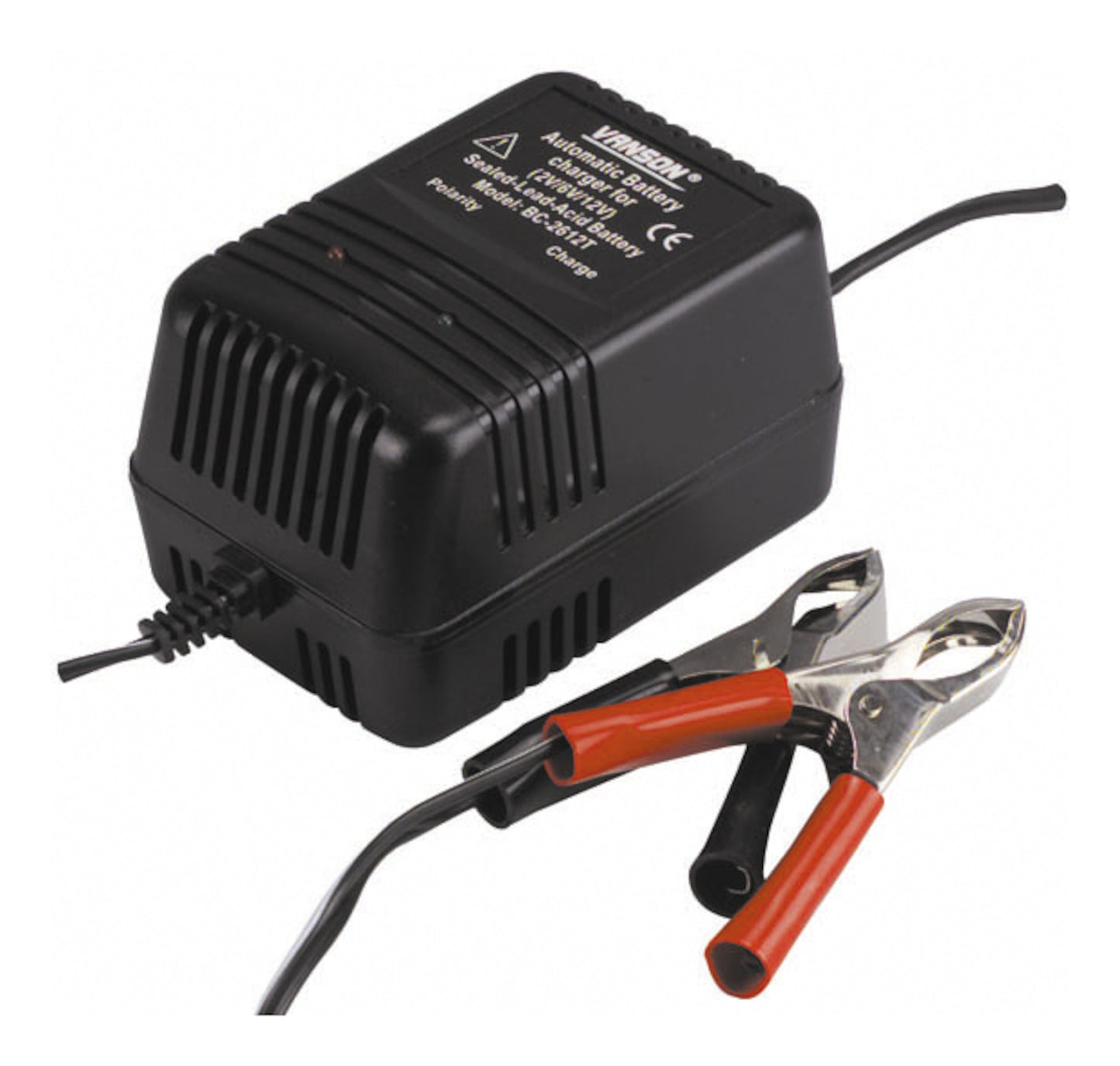 Nedis blybatterioplader 2V 6V 12V sort med ventileret kabinet, ledning og røde/sorte krokodillenæb.