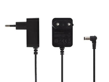 Skiftet strømadapter 24V DC 24W sort, side med stik, bagside med mærkat, ende med 5x2 mm barreltik.