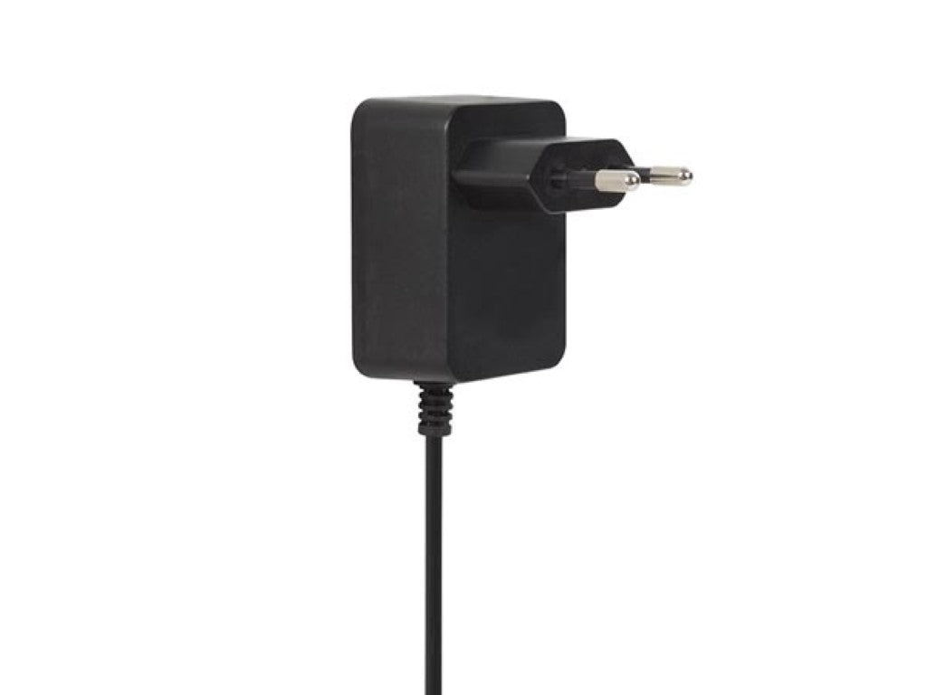 Skiftet strømadapter 24V DC 24W sort med to runde EU-ben, fastmonteret kabel og 5x2,1 mm DC-stik.