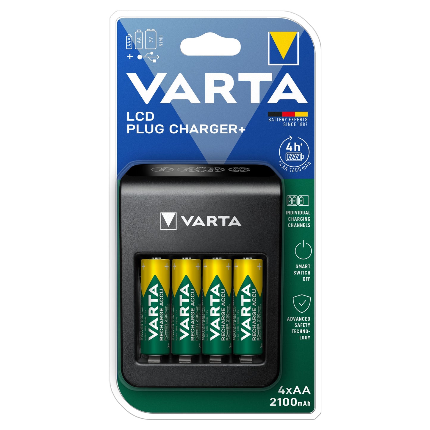 Varta LCD-stikoplader i blå/grøn æske med 4 AA genopladelige batterier, LCD-display, til AA/AAA-batterier.