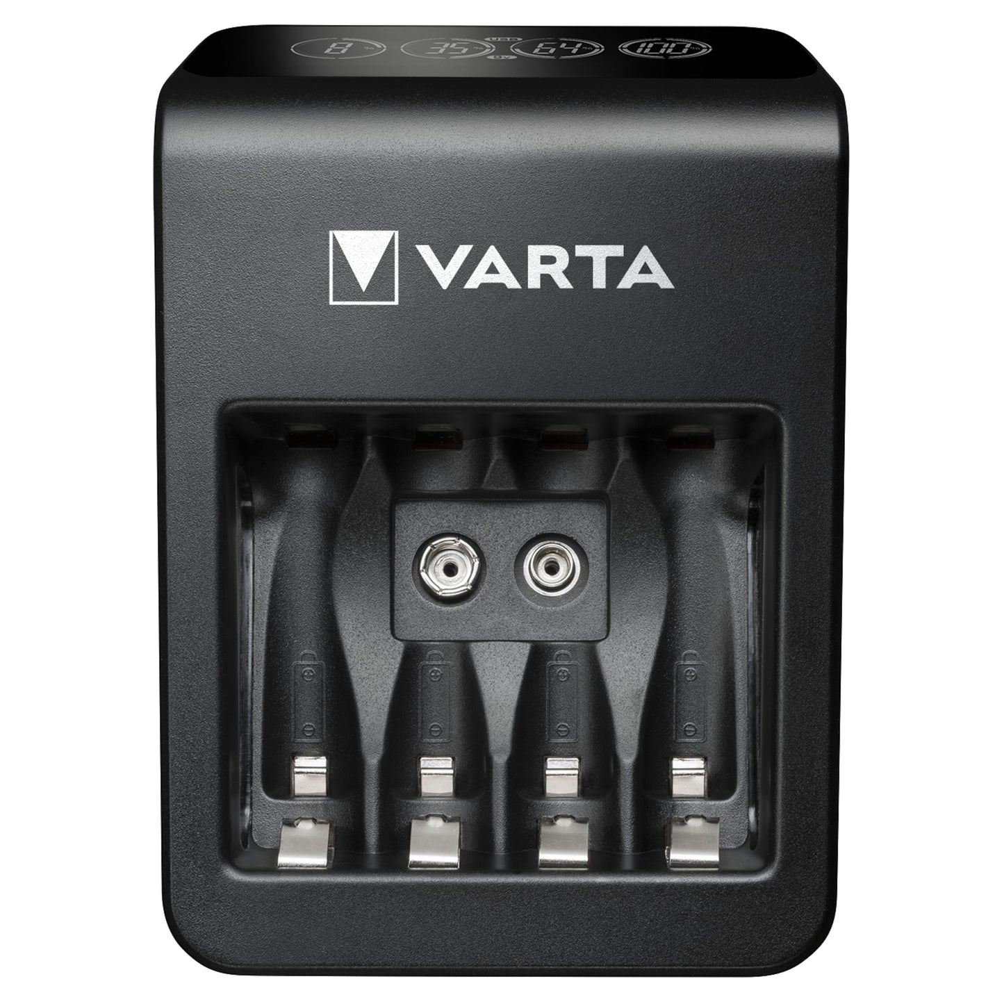 Varta LCD batterioplader til AA/AAA med fire opladningsslots, til 9V terminaler og LCD-display der viser batteriniveau.