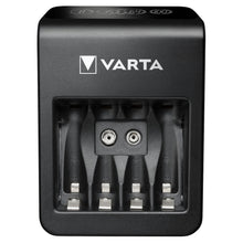 Varta LCD batterioplader til AA/AAA med fire opladningsslots, til 9V terminaler og LCD-display der viser batteriniveau.