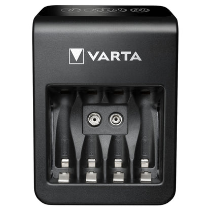 Varta LCD batterioplader til AA/AAA med fire opladningsslots, til 9V terminaler og LCD-display der viser batteriniveau.