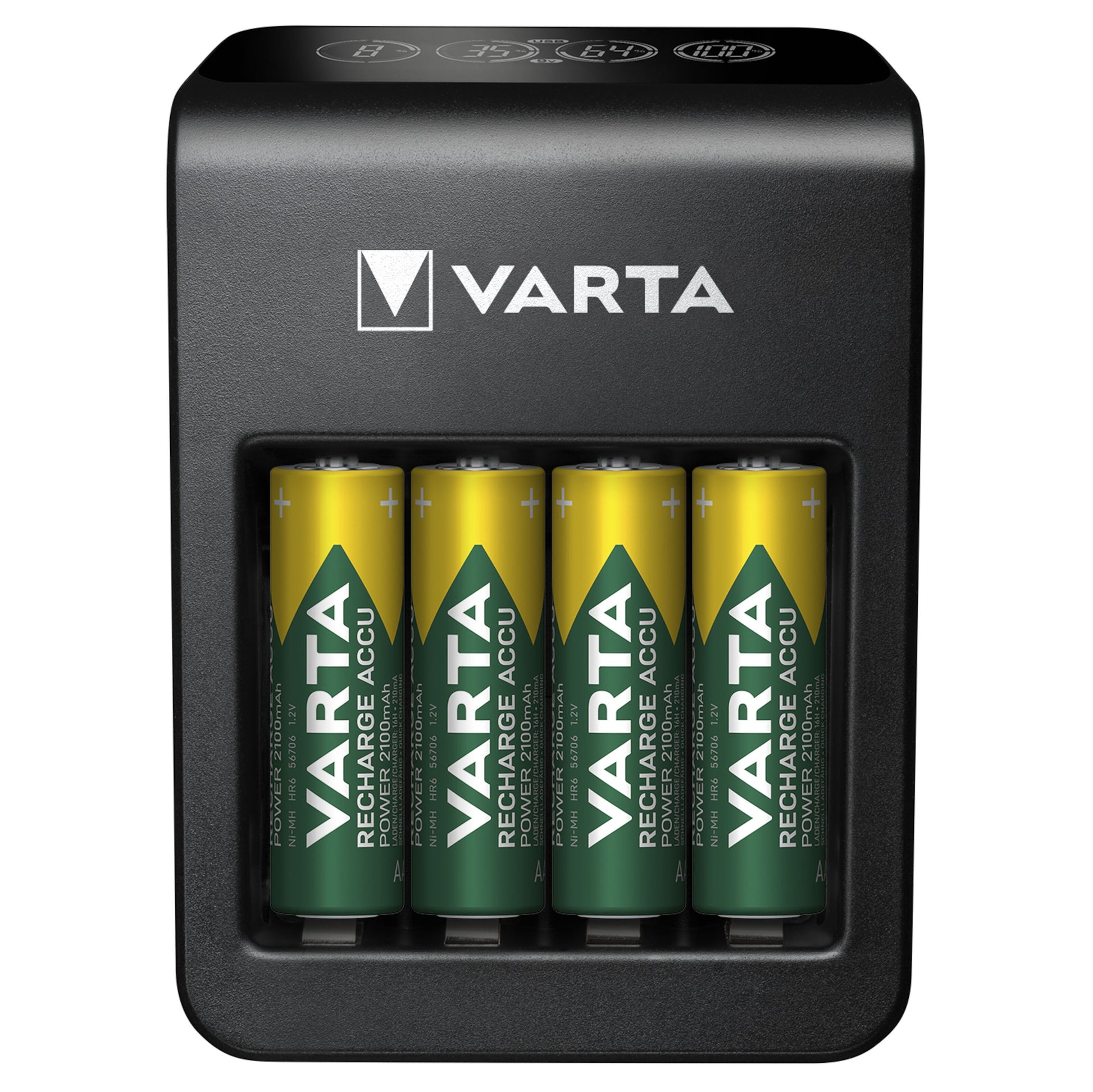 Varta sort LCD-stikoplader med plads til fire grøn-gule AA genopladelige batterier, Varta-logo synligt på begge dele.