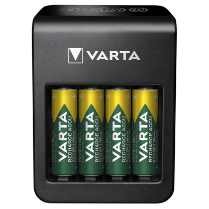 Varta sort LCD-stikoplader med plads til fire grøn-gule AA genopladelige batterier, Varta-logo synligt på begge dele.