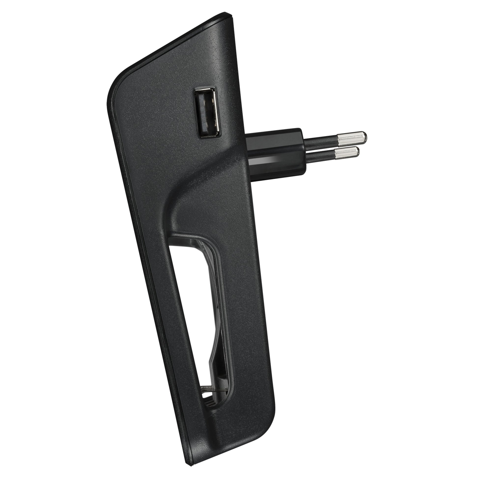 Varta LCD-stikoplader AA/AAA sort, europæisk stik, USB-port, integreret håndtag, sideview.