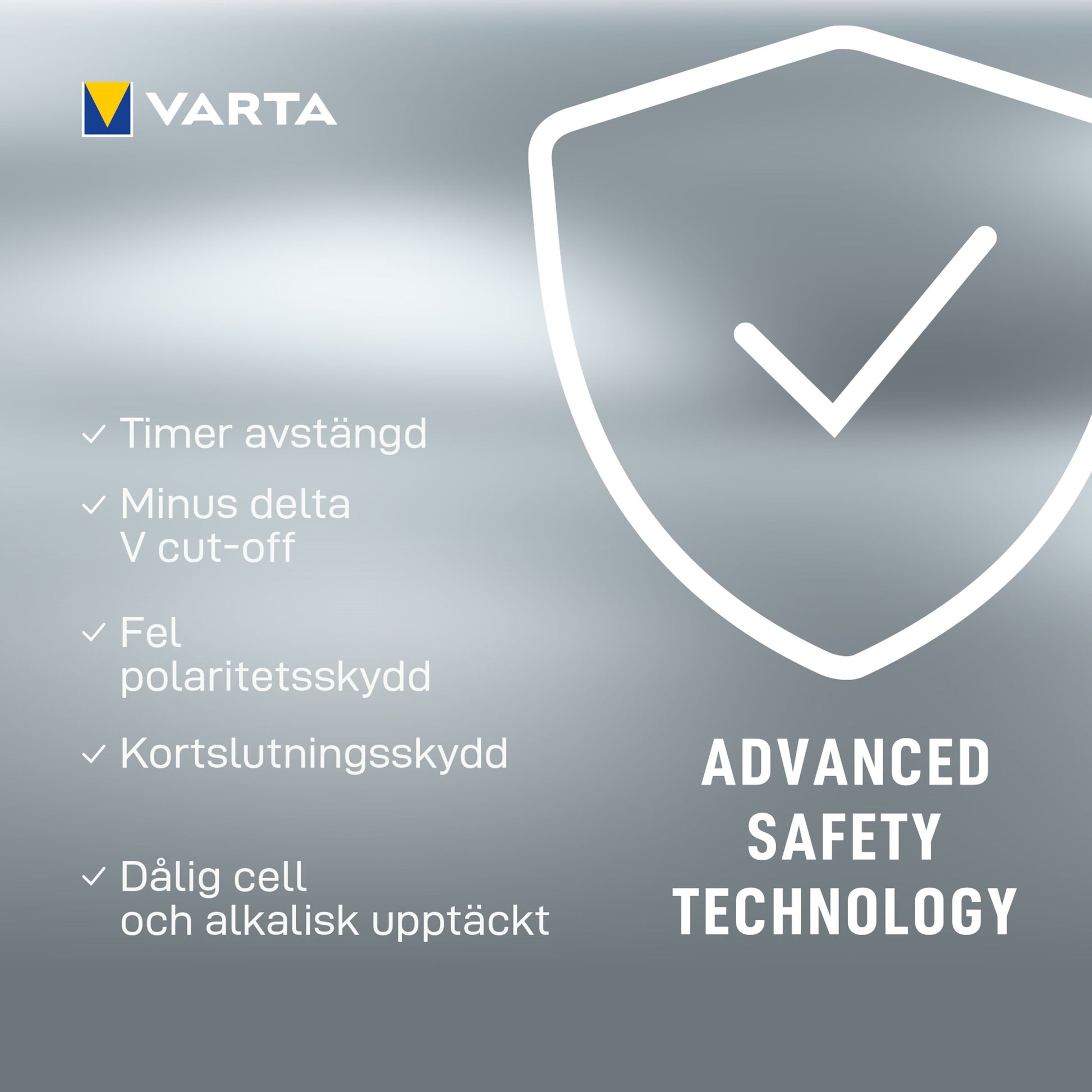 Varta LCD-stikoplader + Batterioplader, sikkerhedsfunktioner: timer shut-off, minus delta V, omvendt polaritet, kortslutning.