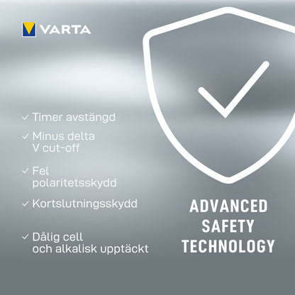 Varta LCD-stikoplader + Batterioplader, sikkerhedsfunktioner: timer shut-off, minus delta V, omvendt polaritet, kortslutning.