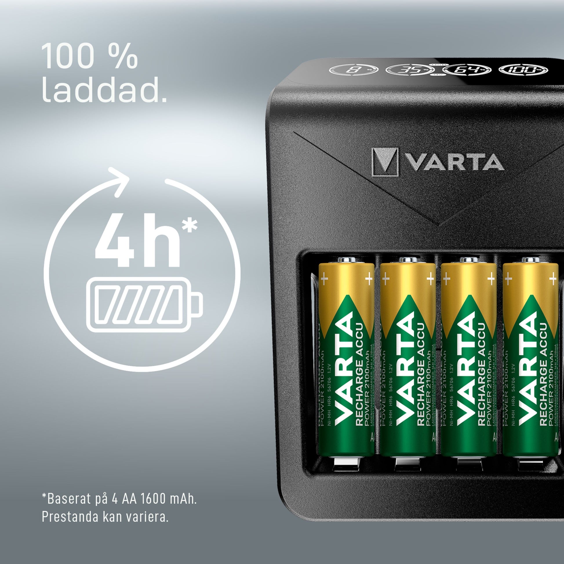 Varta LCD batterioplader oplader 4x AA 2100mAh på 4 timer, viser 100 på display, kompatibel med AA/AAA.