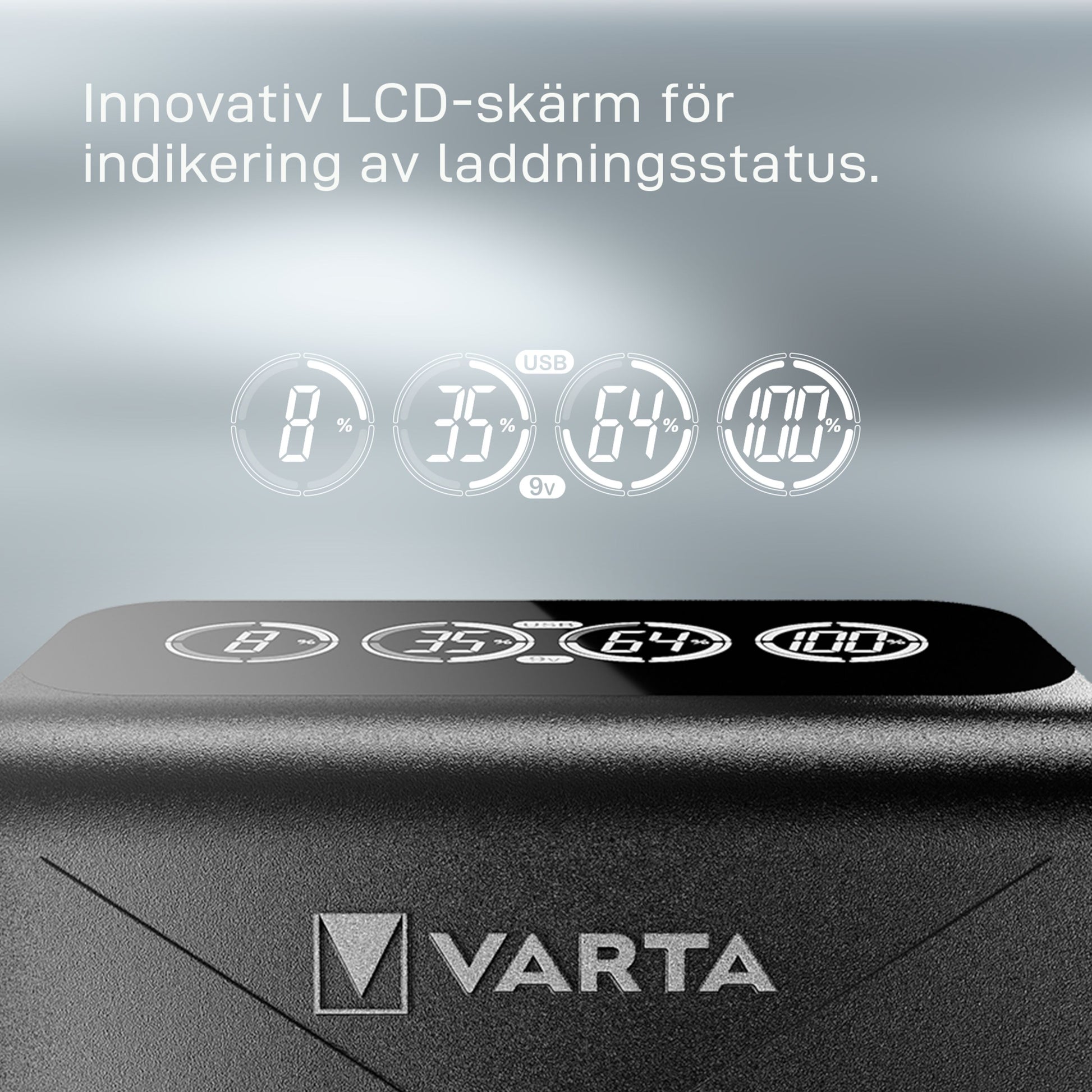 Varta LCD-stikoplader med batterioplader, LCD-display viser 8, 35, 64 og 100 opladning, svensk tekst øverst.