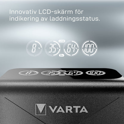 Varta LCD-stikoplader med batterioplader, LCD-display viser 8, 35, 64 og 100 opladning, svensk tekst øverst.