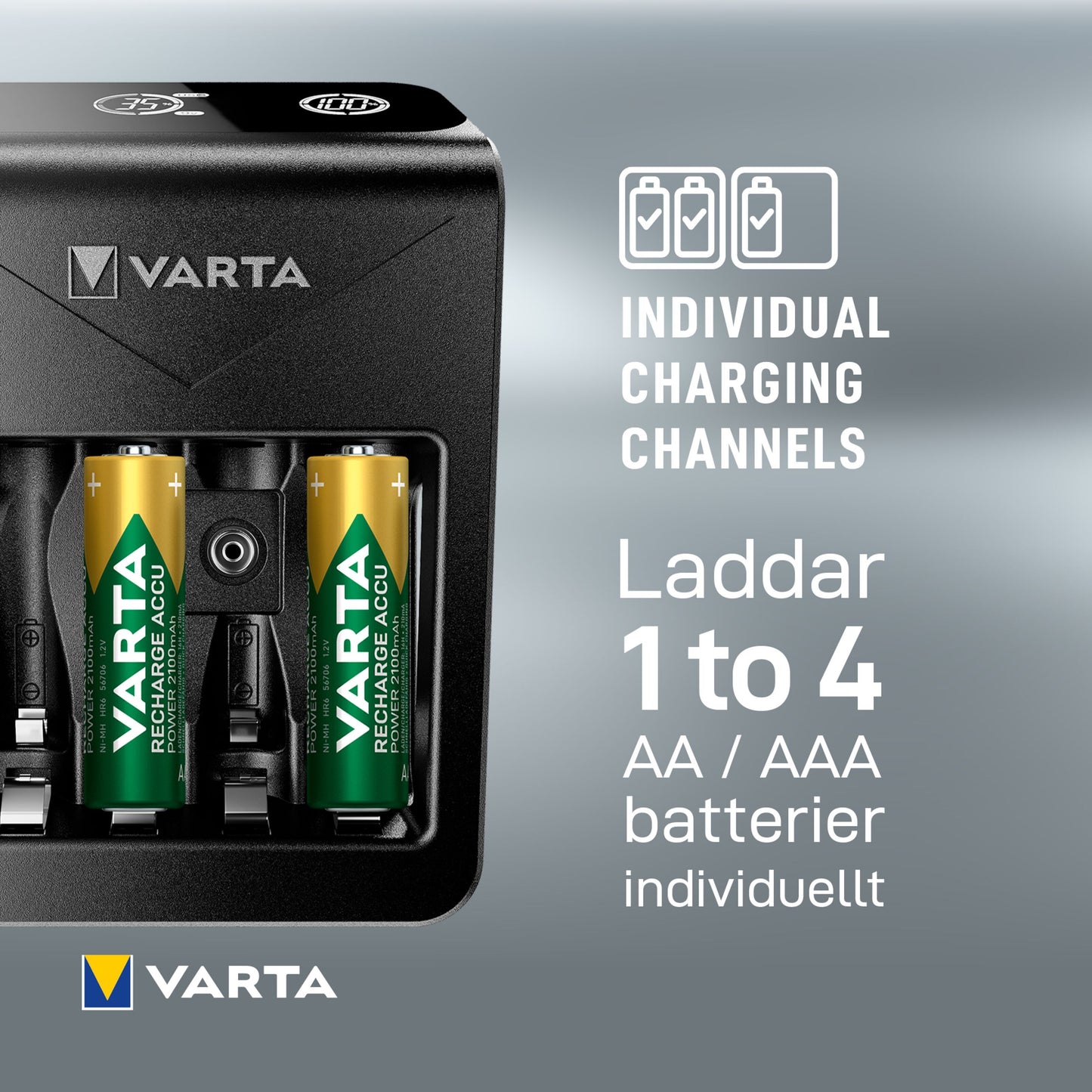 VARTA LCD-stikoplader og batterioplader med tre AA genopladelige batterier, viser INDIVIDUELLE OPLADNINGSKANALER.