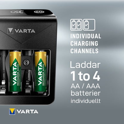VARTA LCD-stikoplader og batterioplader med tre AA genopladelige batterier, viser INDIVIDUELLE OPLADNINGSKANALER.