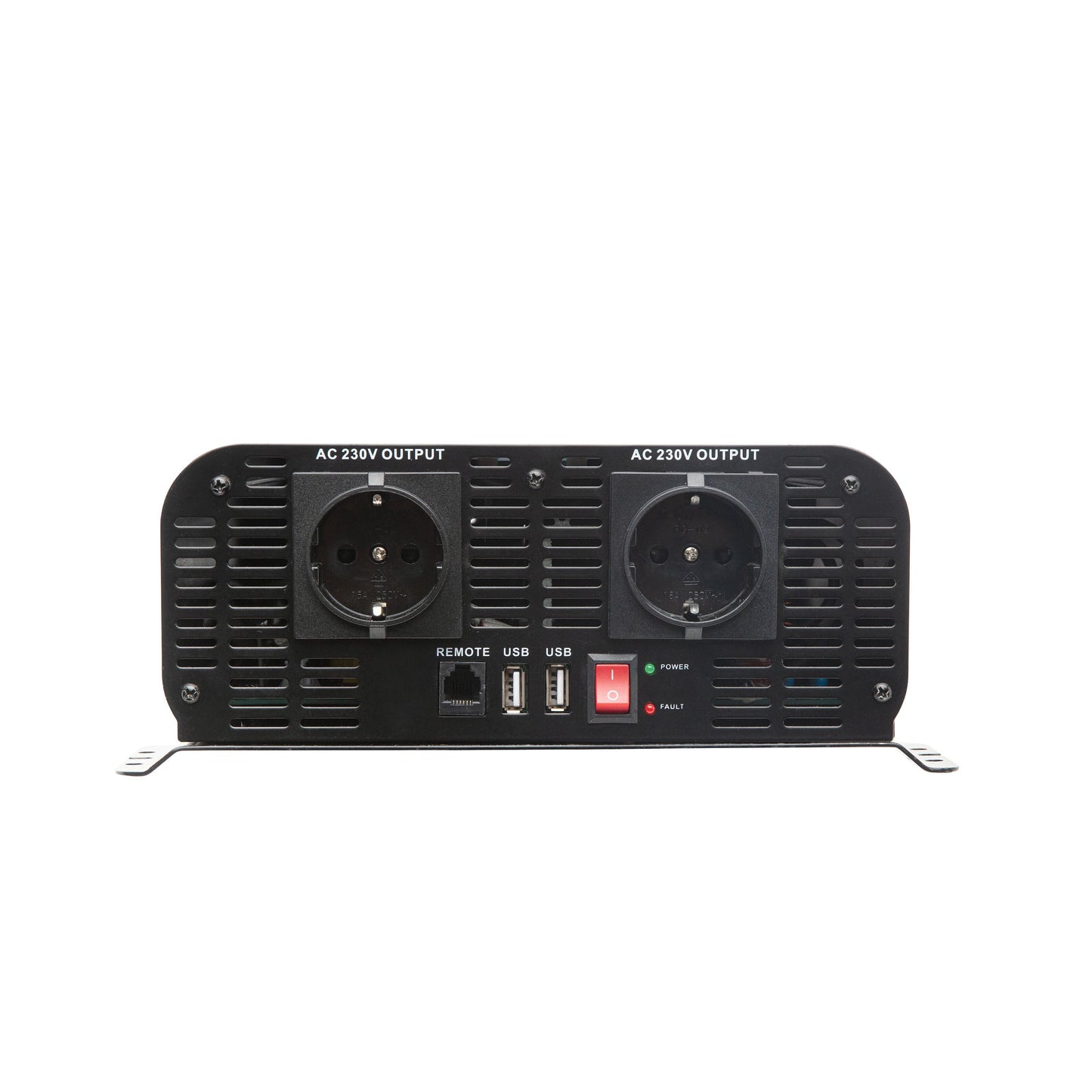 Luxorparts Inverter 2000 W ren sinus, 2x 230V stik, 3 USB-porte, fjernbetjeningsindgang, indikatorlys for strøm/fejl.