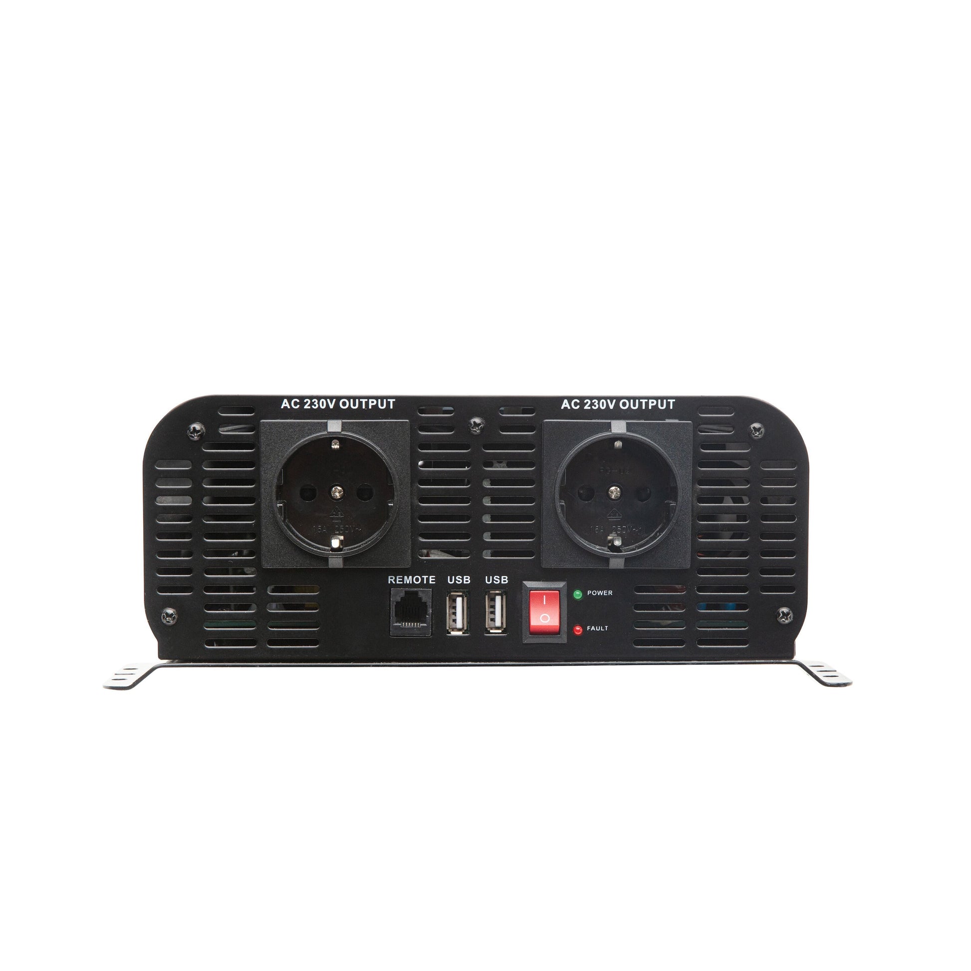 Luxorparts Inverter 2000 W ren sinus, 2x 230V stik, 3 USB-porte, fjernbetjeningsindgang, indikatorlys for strøm/fejl.