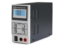 Laboratorieaggregat 0-30V DC 10A med digitalt display, fire kontrolknapper, tænd/sluk-knap og udgangsterminaler foran.