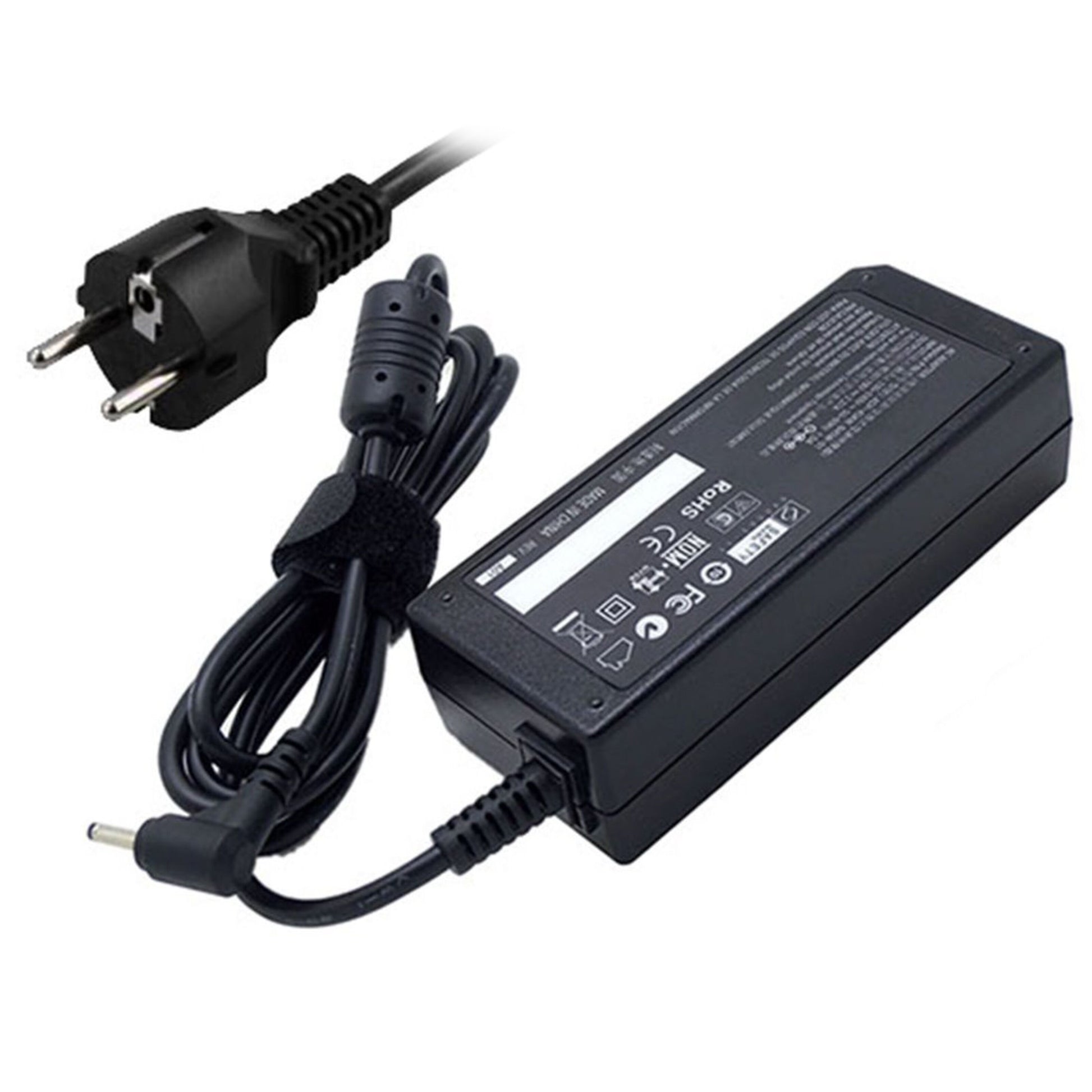 Computeroplader 19V 45W sort med tobenet strømkabel og 3,0x1,1 mm DC-stik samt label med specifikationer.