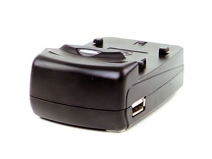 Jupio oplader til kamerabatteri, sort Li-ion lader med USB-port på siden, buet top og rektangulær form.